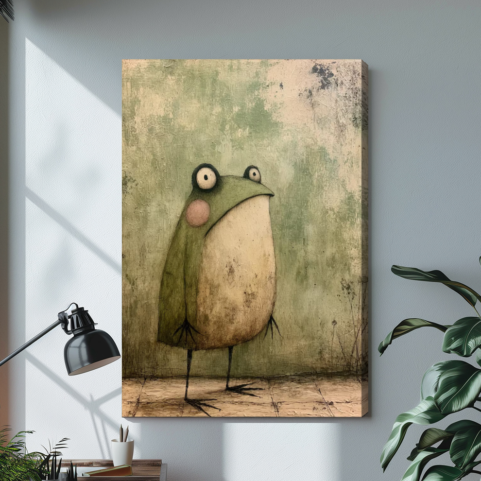 Vintage green frog stretched canvas with visible wrapped edge beside a lamp.