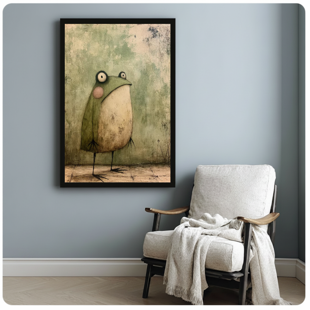 Vintage green frog black framed canvas beside a light armchair in a reading corner.