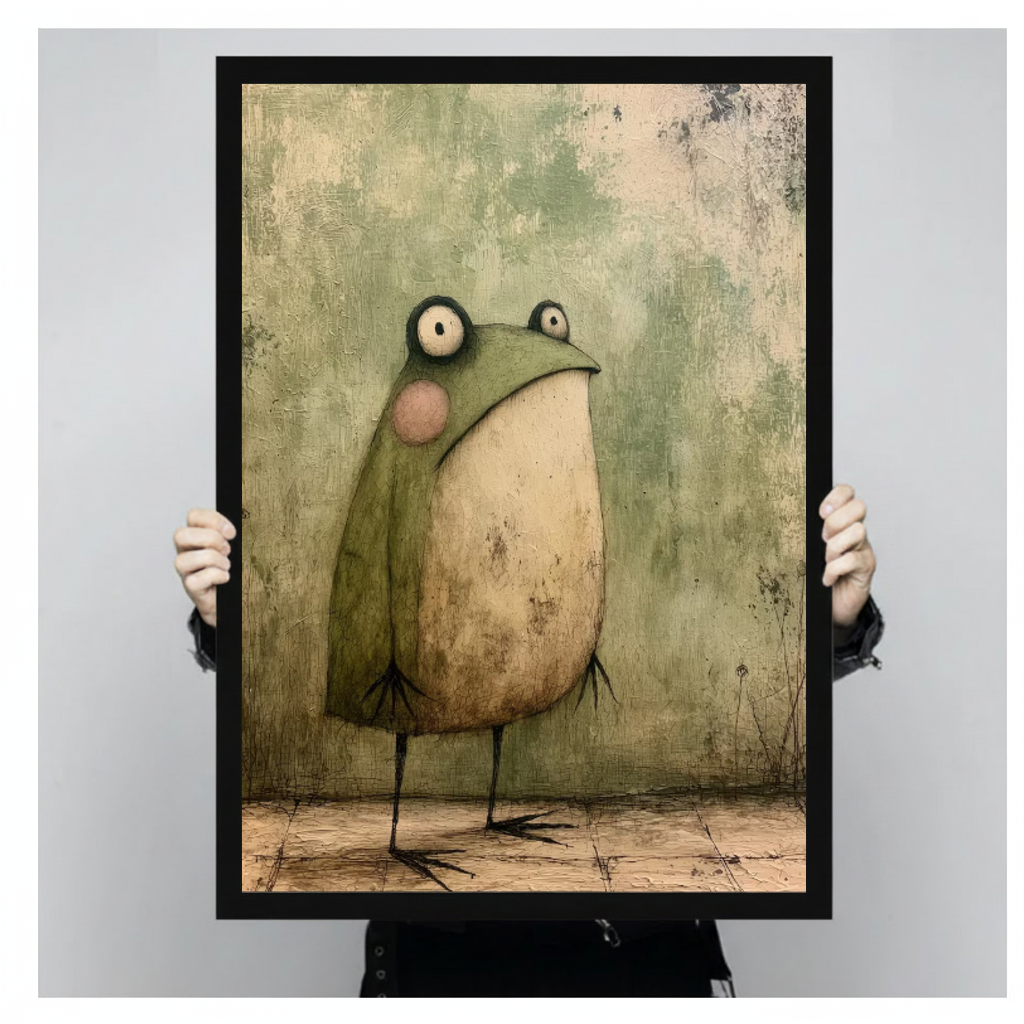 Vintage green frog black framed canvas held by a person for a closer view.