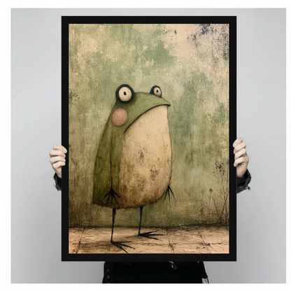 Vintage green frog black framed canvas held by a person for a closer view.