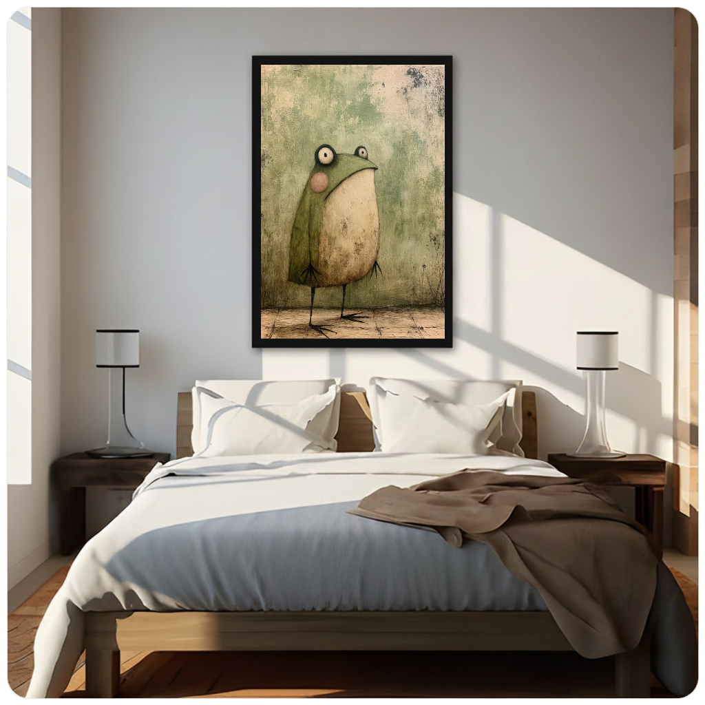 Vintage green frog framed canvas displayed above a bed in a neutral bedroom.