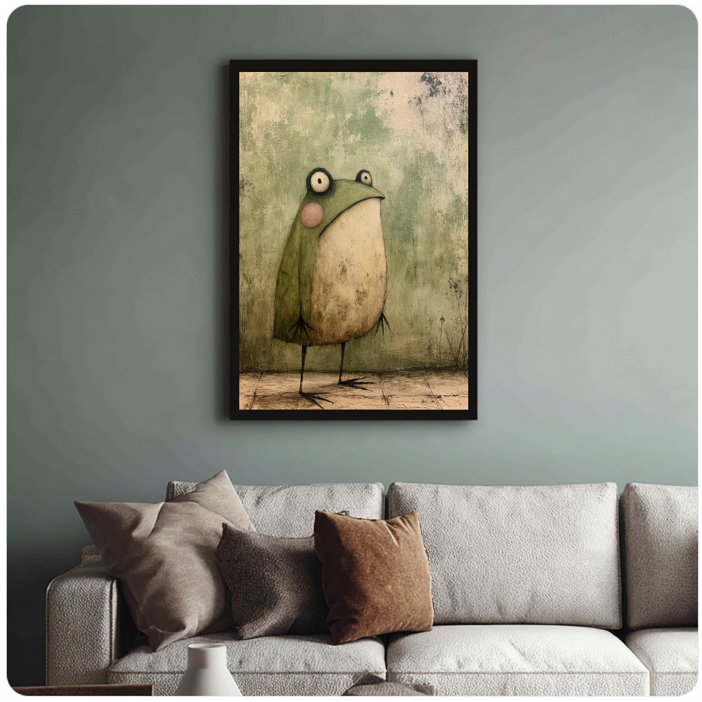 Vintage green frog black framed canvas above a light sofa in a living room.