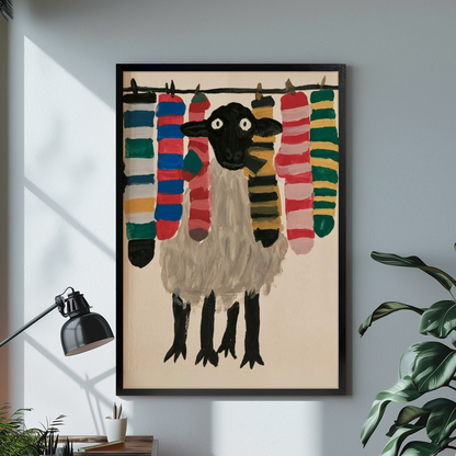 Sheep with colorful socks black framed canvas beside a desk lamp and green plant.