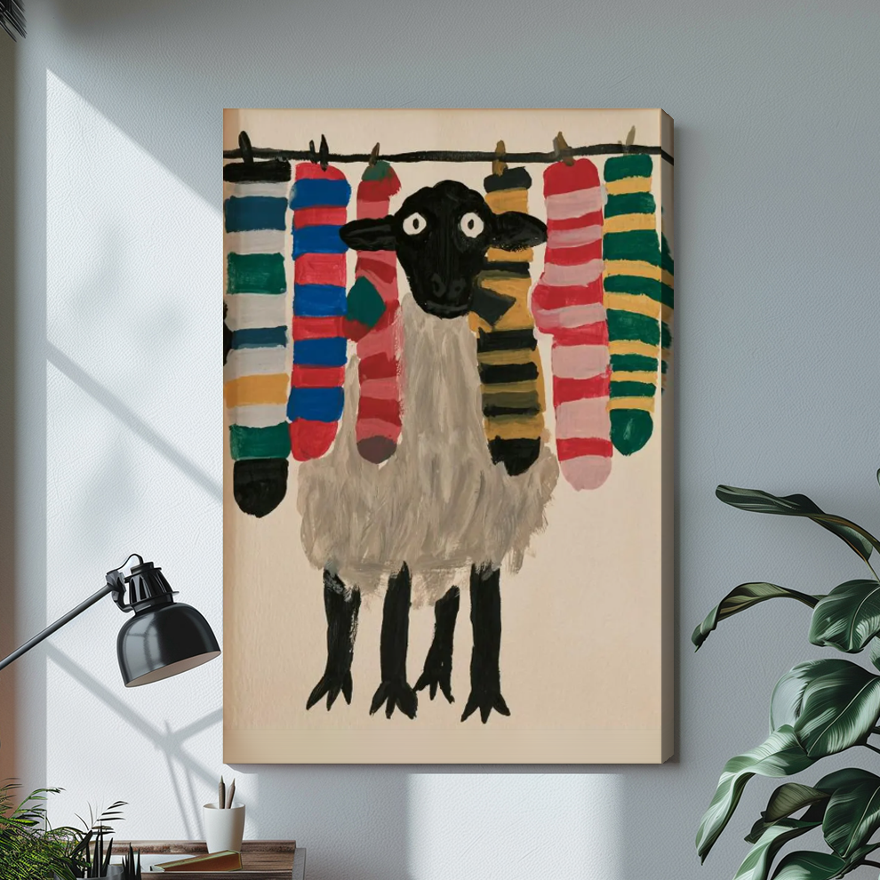 Sheep with colorful socks stretched canvas with visible wrapped edge beside a lamp.