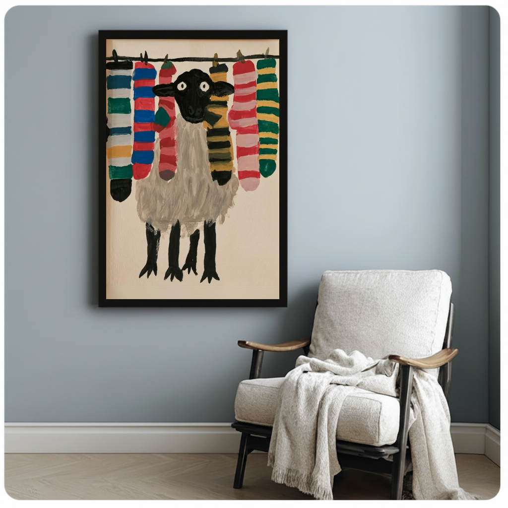Sheep with colorful socks black framed canvas beside a light armchair in a reading corner.