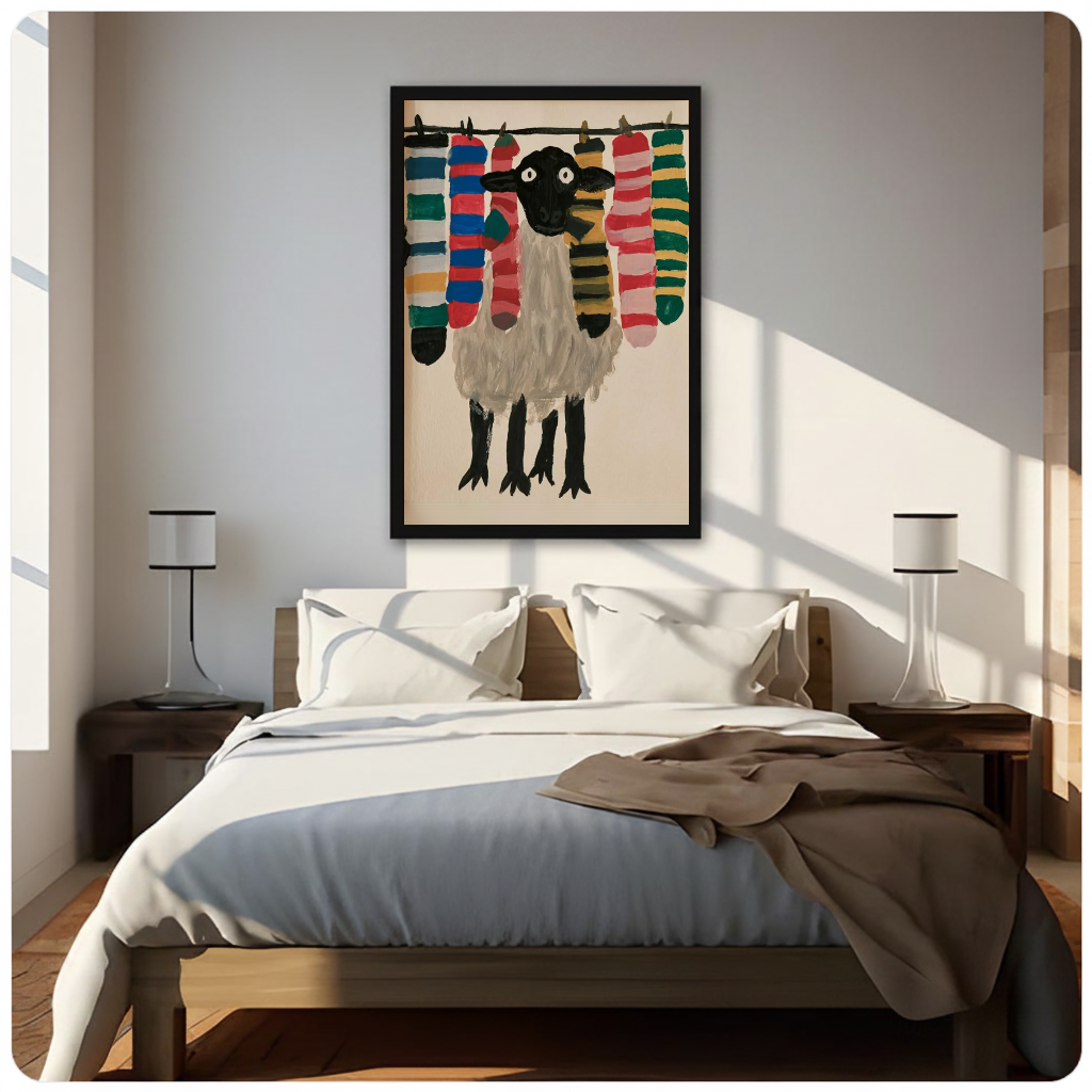 Sheep with colorful socks framed canvas displayed above a bed in a neutral bedroom.