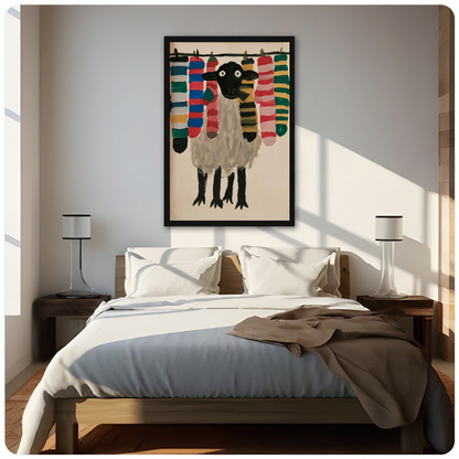 Sheep with colorful socks framed canvas displayed above a bed in a neutral bedroom.
