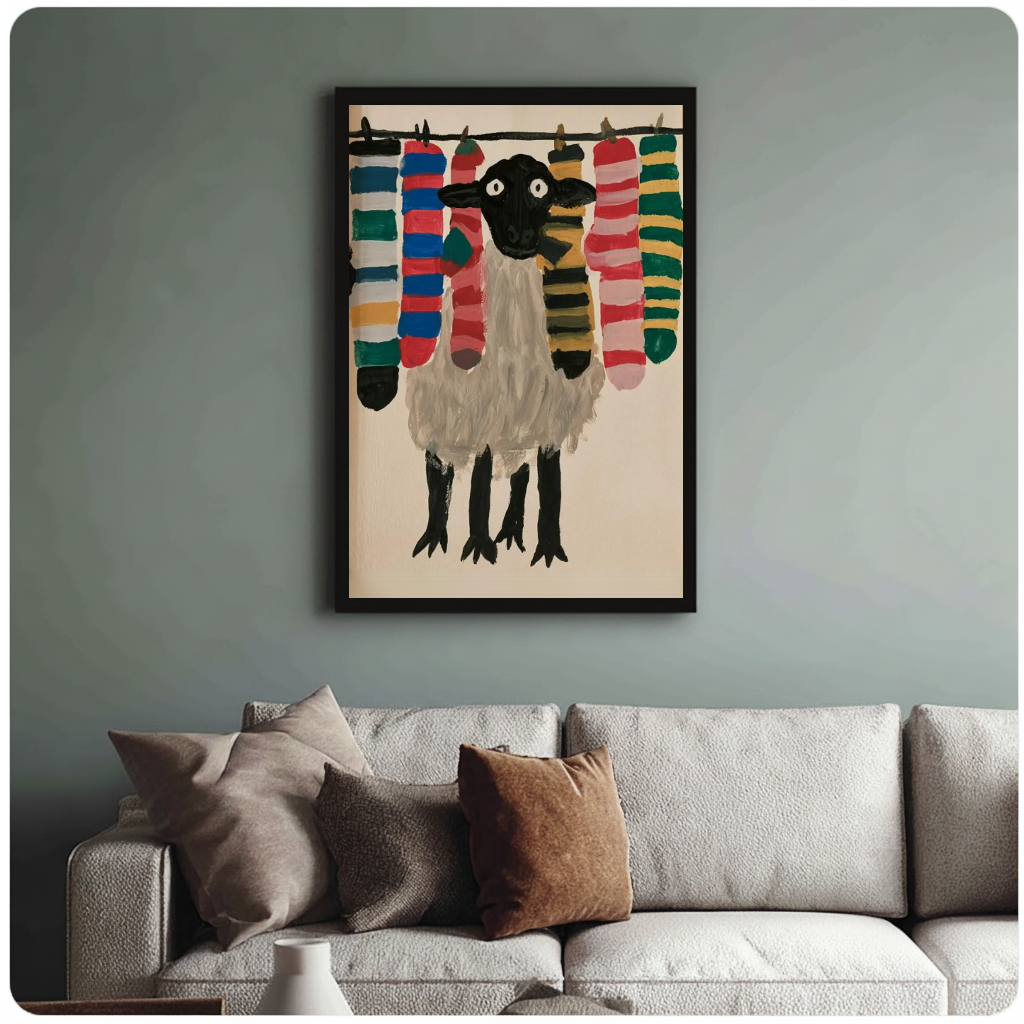 Sheep with colorful socks black framed canvas above a light sofa in a living room.