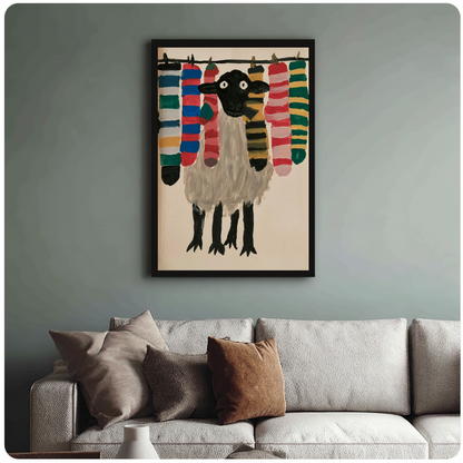 Sheep with colorful socks black framed canvas above a light sofa in a living room.