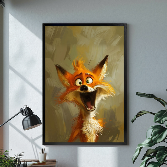Laughing orange fox black framed canvas beside a desk lamp and green plant.