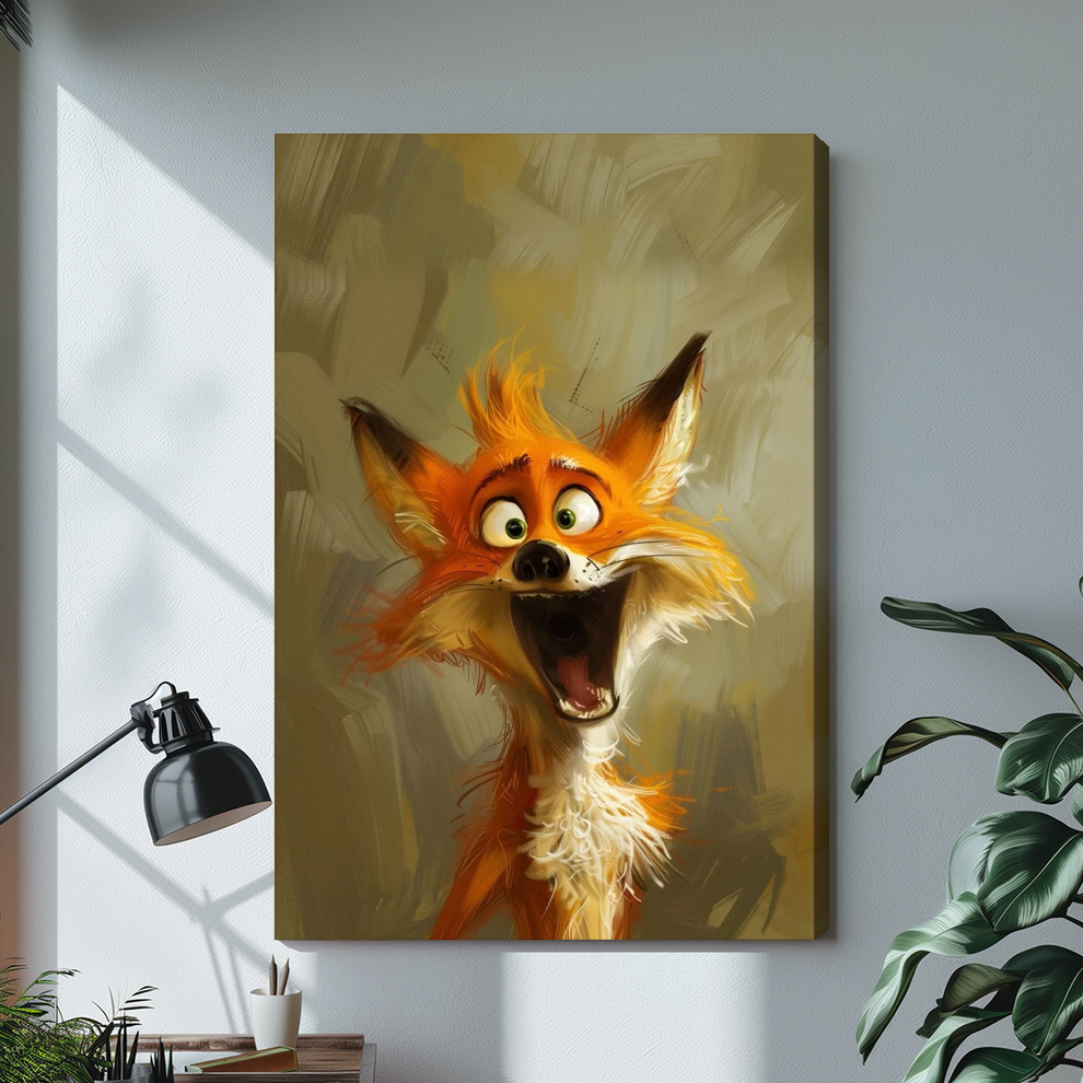 Laughing orange fox stretched canvas with visible wrapped edge beside a lamp.