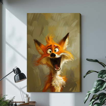 Laughing orange fox stretched canvas with visible wrapped edge beside a lamp.