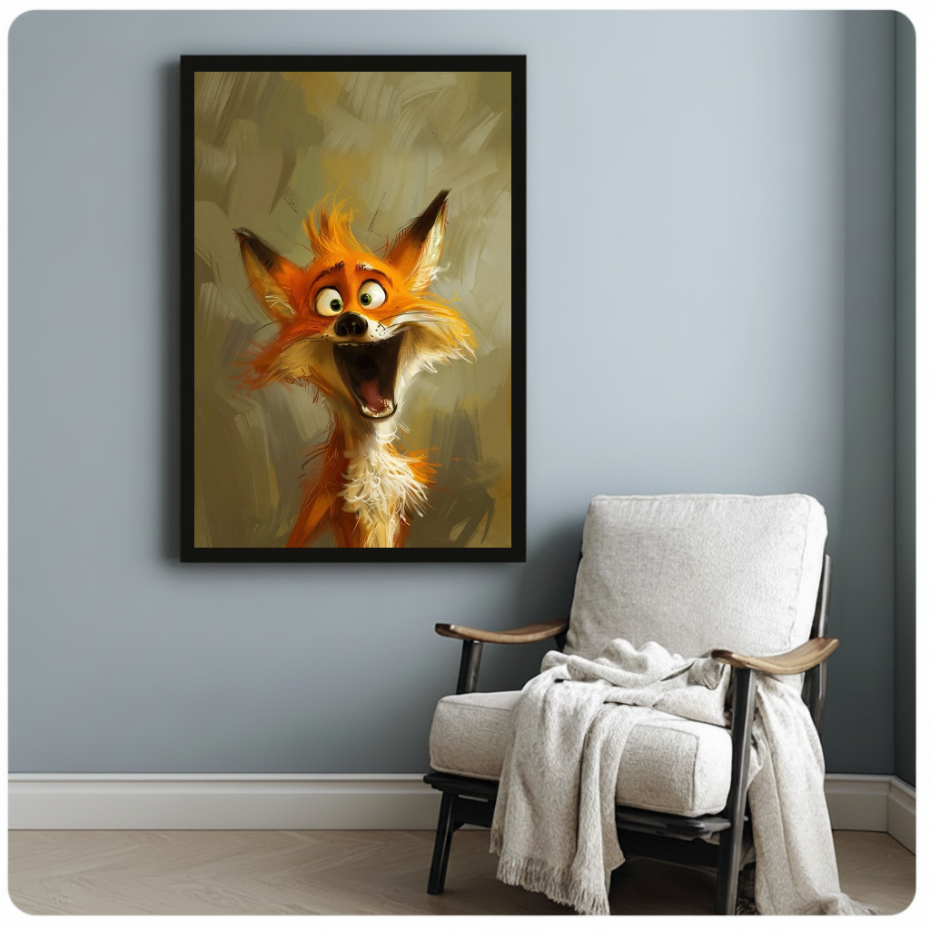 Laughing orange fox black framed canvas beside a light armchair in a reading corner.
