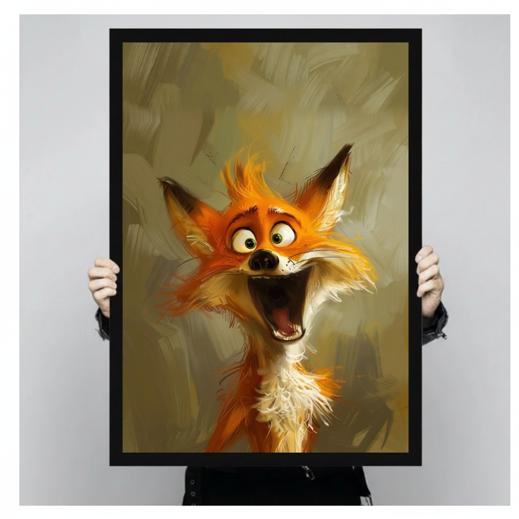Laughing orange fox black framed canvas held by a person for a closer view.