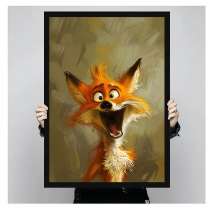 Laughing orange fox black framed canvas held by a person for a closer view.