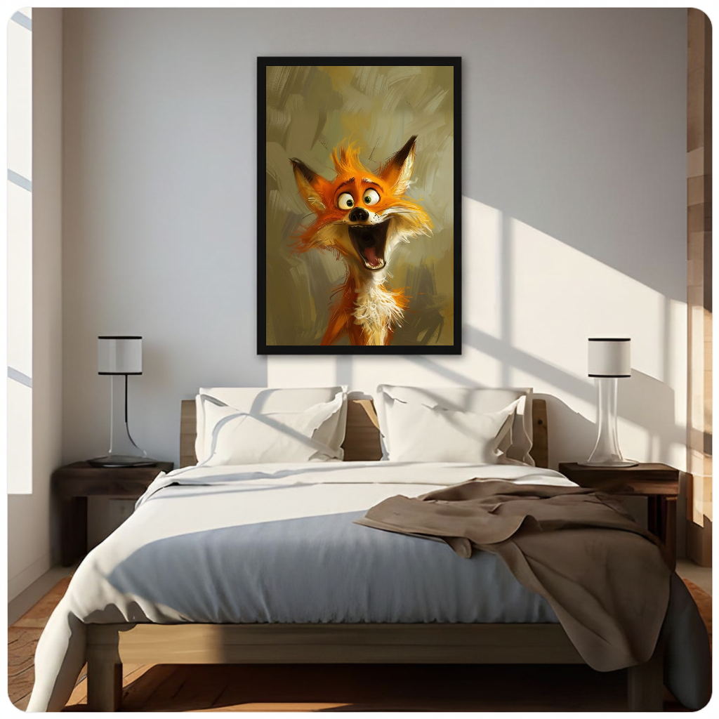 Laughing orange fox framed canvas displayed above a bed in a neutral bedroom.
