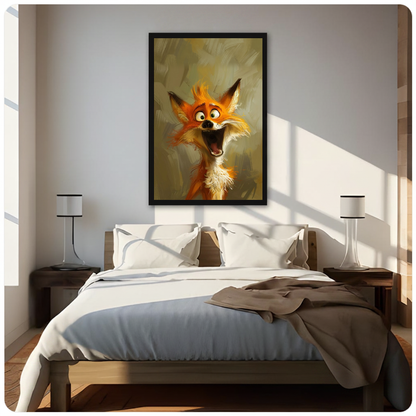 Laughing orange fox framed canvas displayed above a bed in a neutral bedroom.
