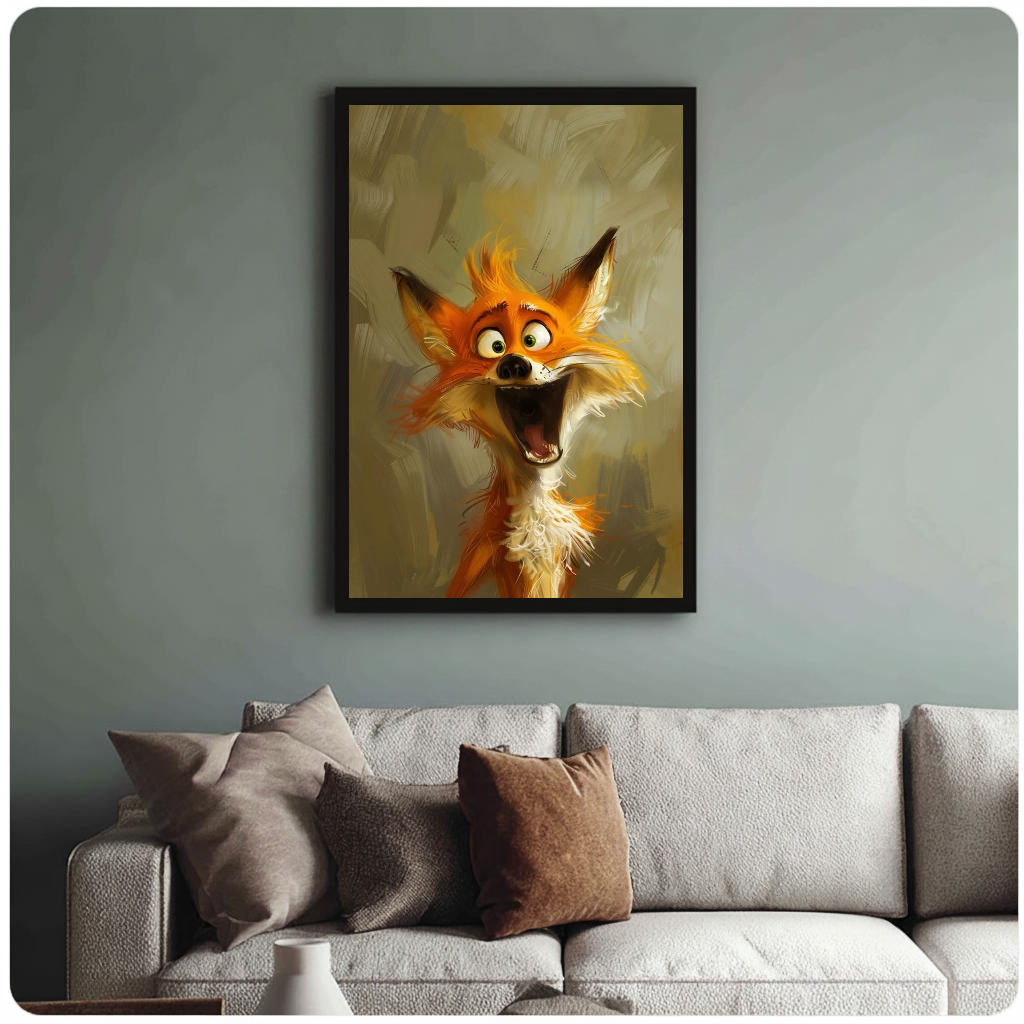 Laughing orange fox black framed canvas above a light sofa in a living room.