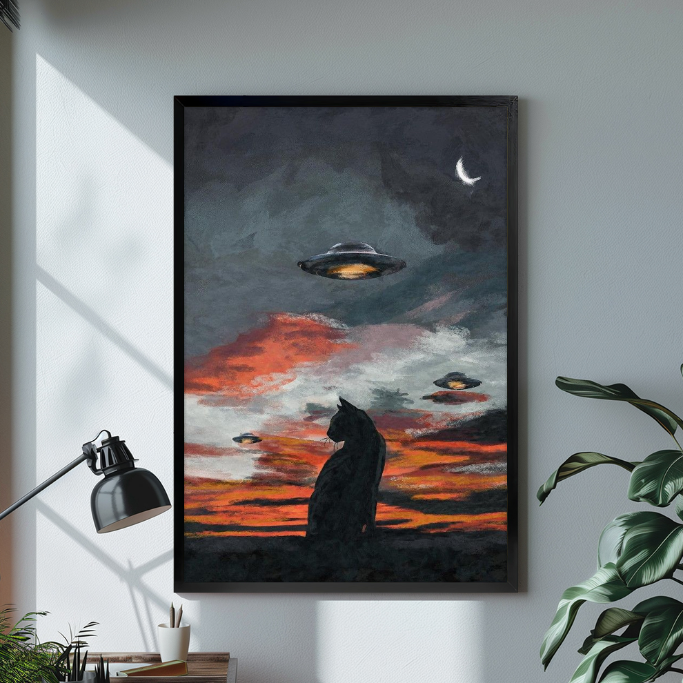 Black cat and ufos black framed canvas beside a desk lamp and green plant.
