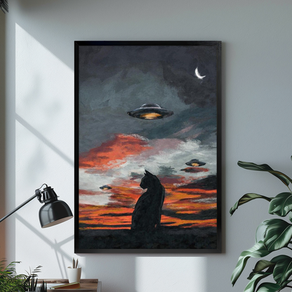 Black cat and ufos black framed canvas beside a desk lamp and green plant.