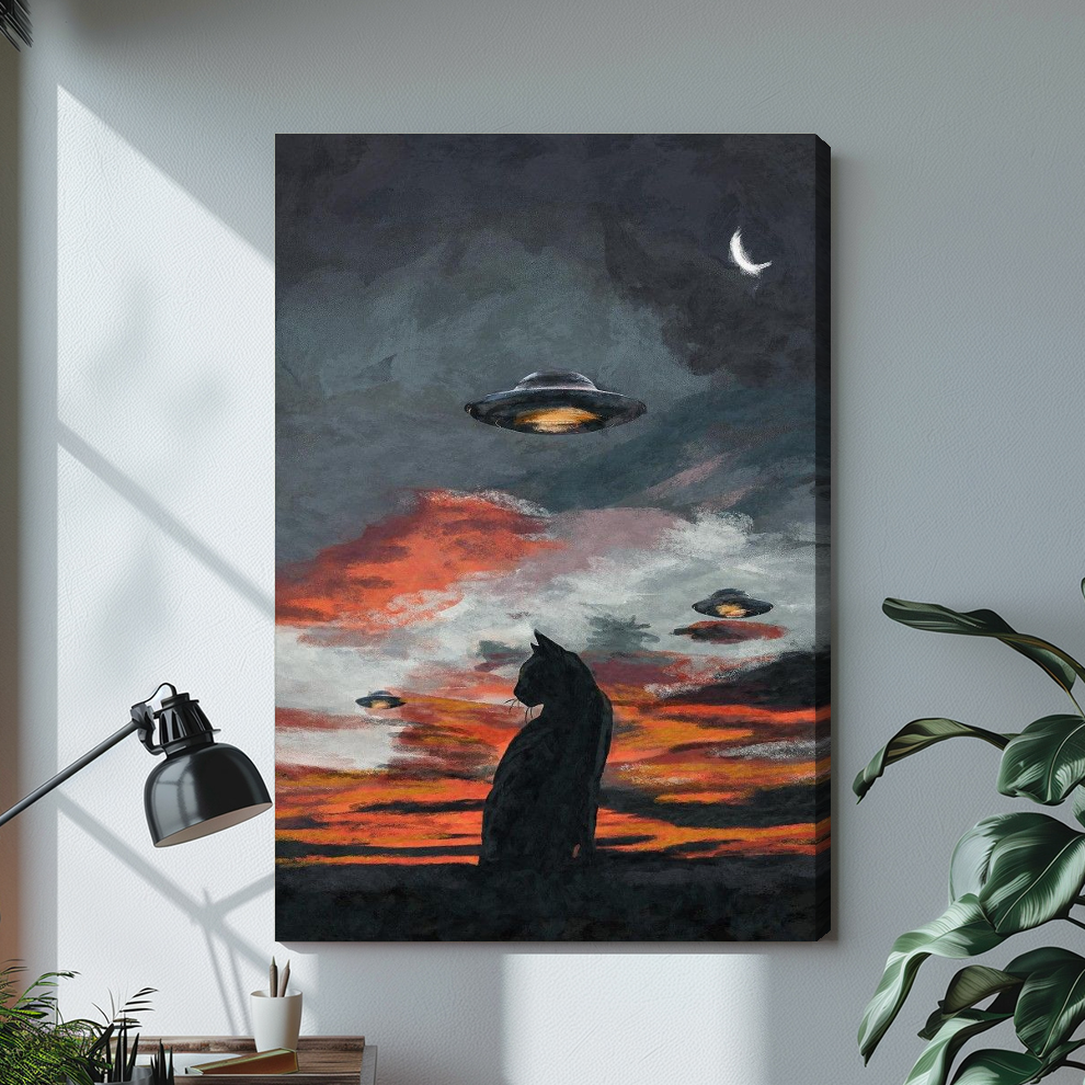 Black cat and ufos stretched canvas with visible wrapped edge beside a lamp.