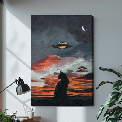 Black cat and ufos stretched canvas with visible wrapped edge beside a lamp.
