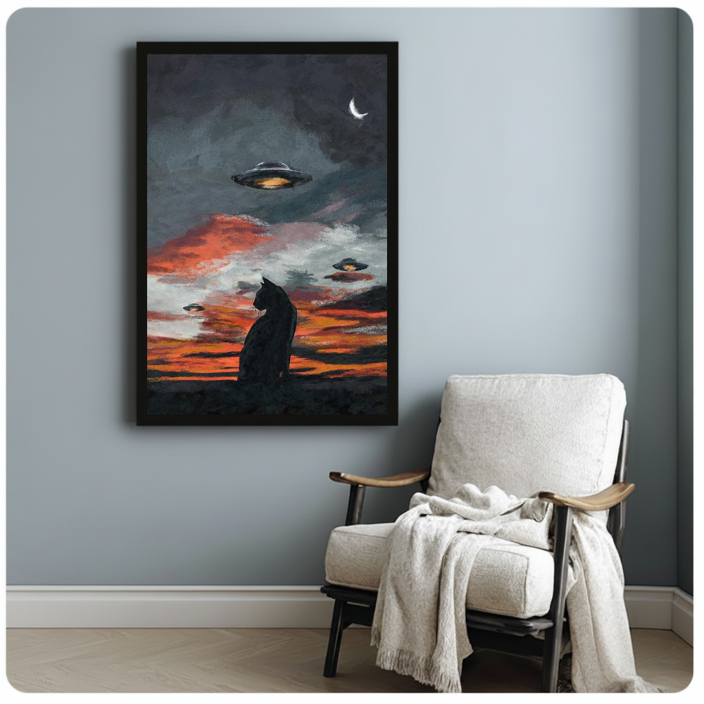 Black cat and ufos black framed canvas beside a light armchair in a reading corner.