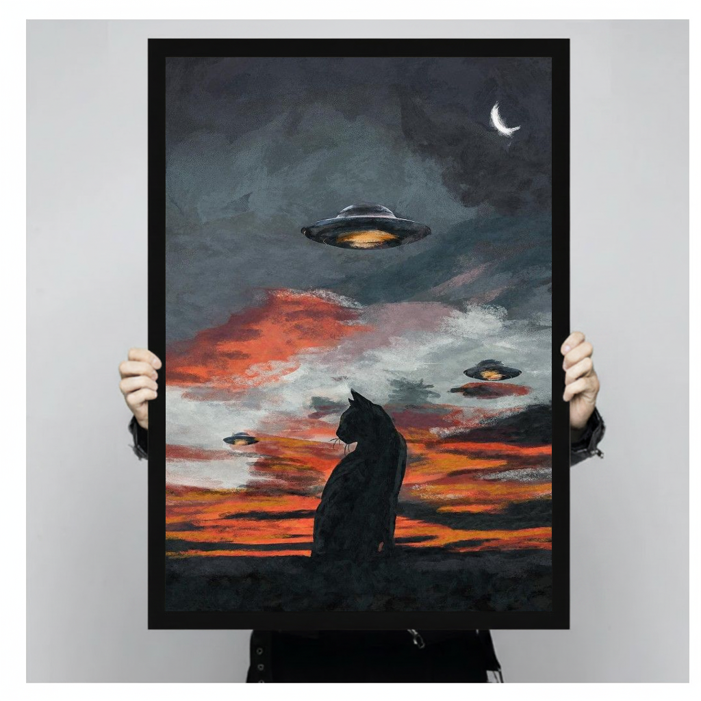 Black cat and ufos black framed canvas held by a person for a closer view.
