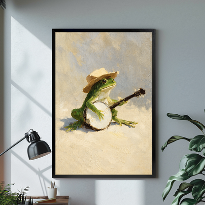 Banjo-playing frog black framed canvas beside a desk lamp and green plant.