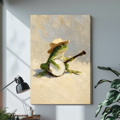 Banjo-playing frog stretched canvas with visible wrapped edge beside a lamp.