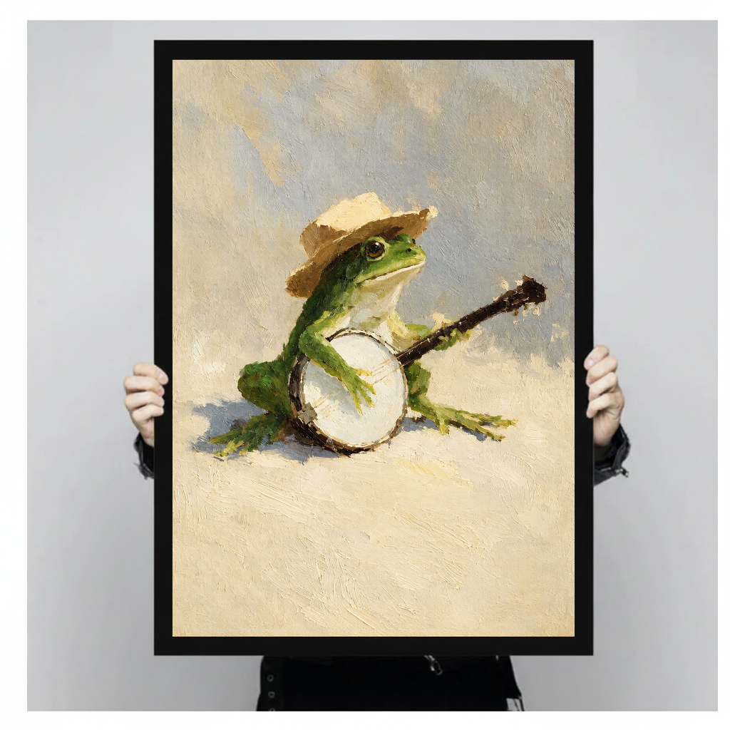 Banjo-playing frog black framed canvas held by a person for a closer view.