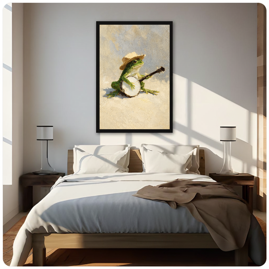 Banjo-playing frog framed canvas displayed above a bed in a neutral bedroom.