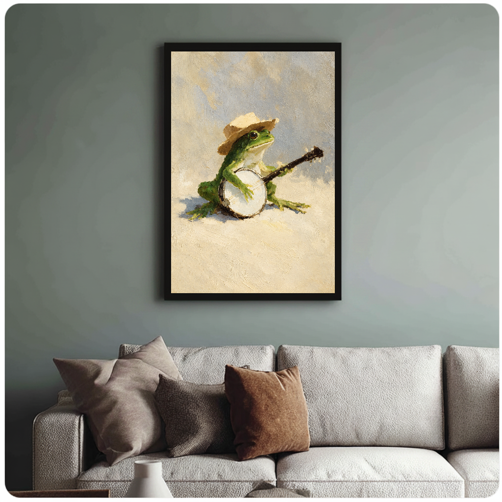 Banjo-playing frog black framed canvas above a light sofa in a living room.
