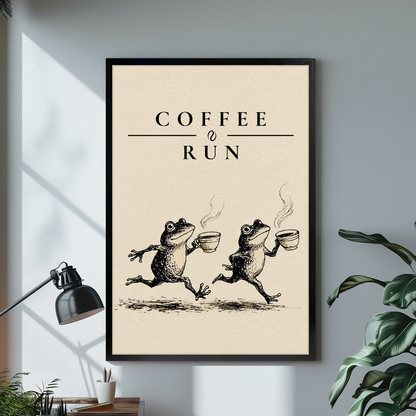 Coffee run frogs black framed canvas beside a desk lamp and green plant.