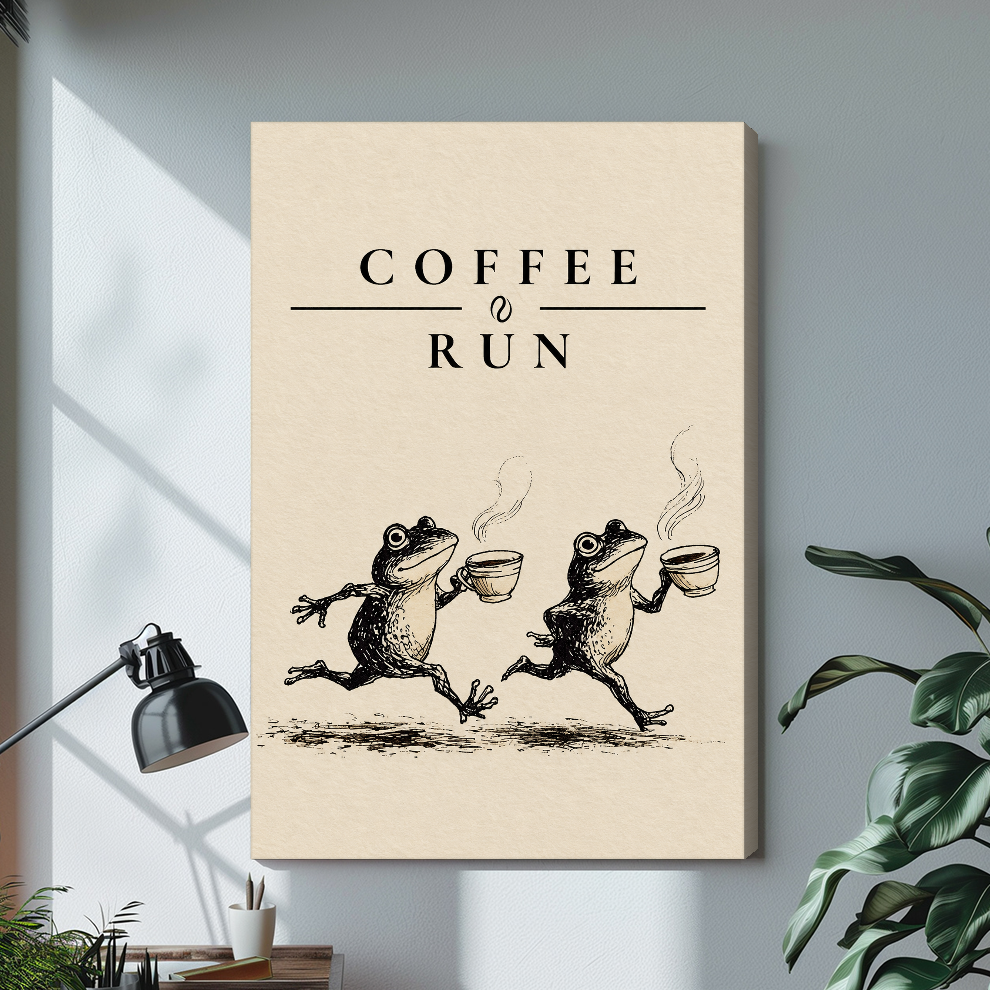 Coffee run frogs stretched canvas with visible wrapped edge beside a lamp.