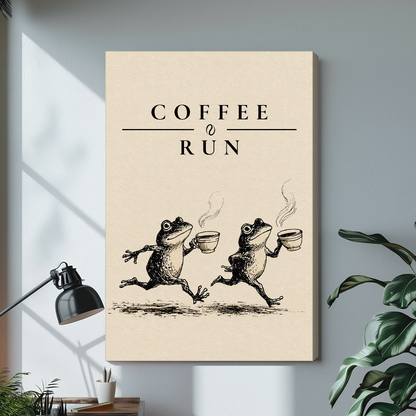 Coffee run frogs stretched canvas with visible wrapped edge beside a lamp.