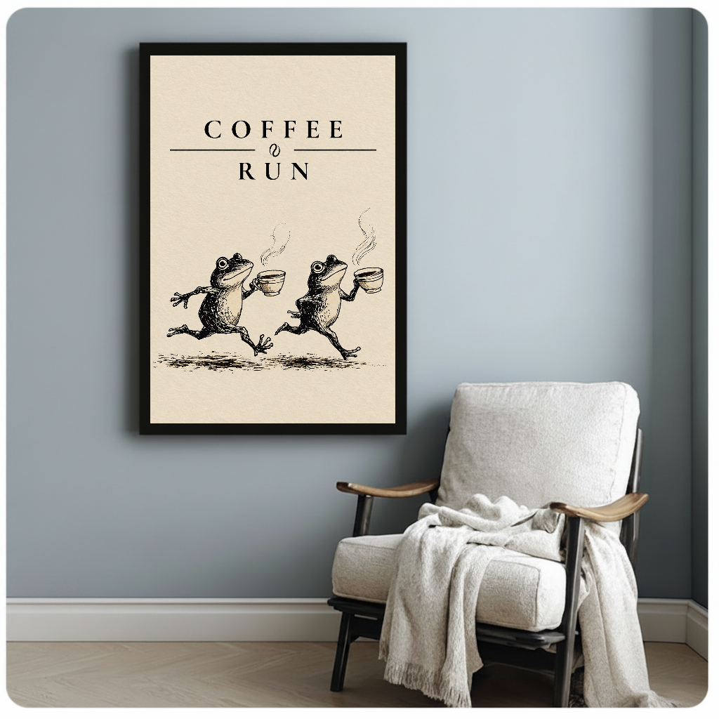 Coffee run frogs black framed canvas beside a light armchair in a reading corner.