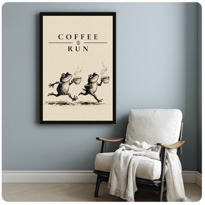 Coffee run frogs black framed canvas beside a light armchair in a reading corner.