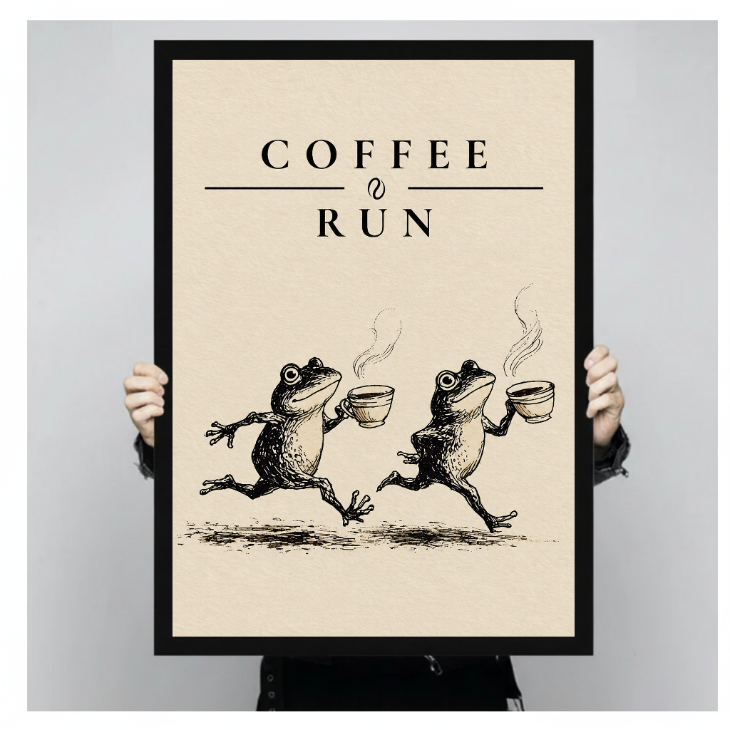 Coffee run frogs black framed canvas held by a person for a closer view.
