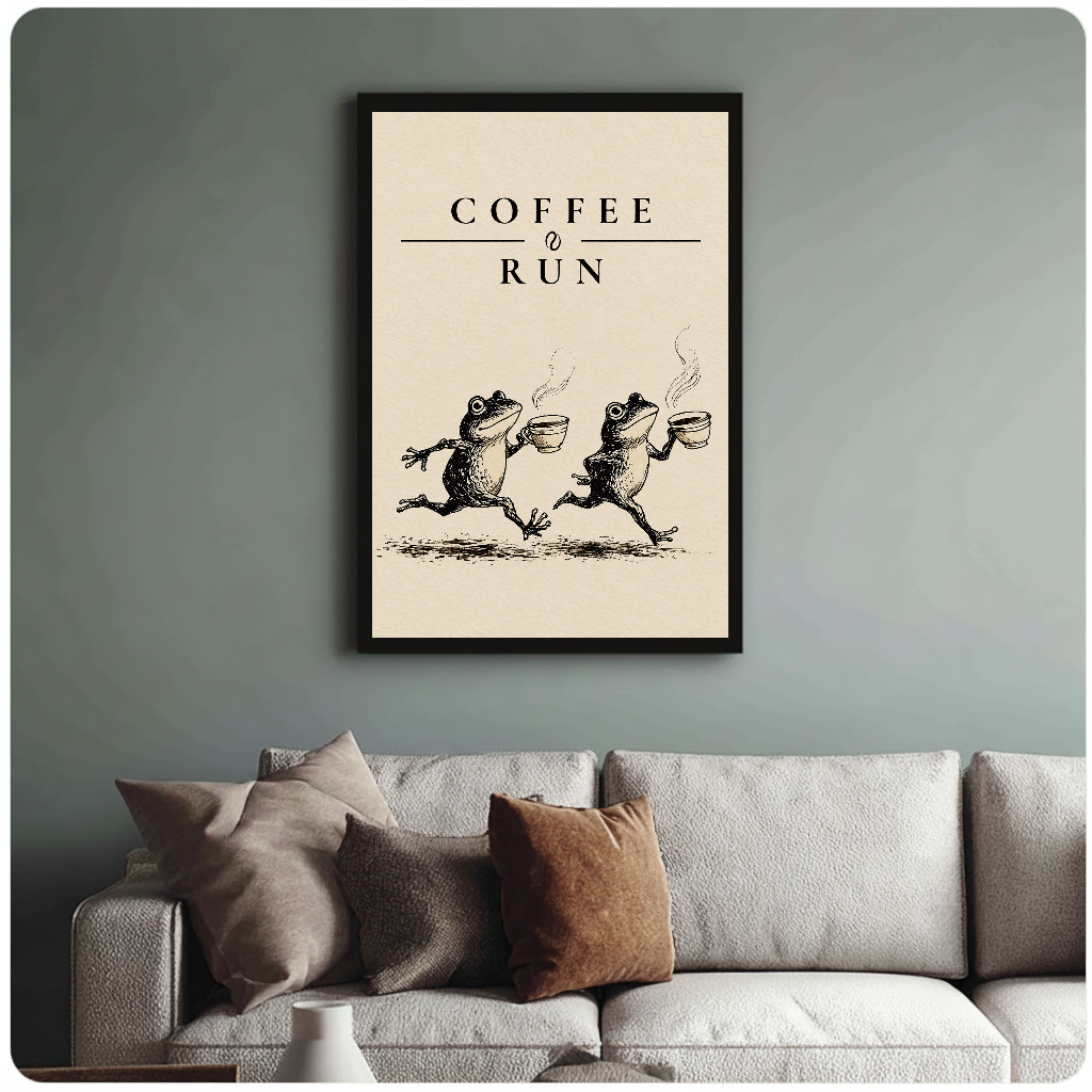 Coffee run frogs black framed canvas above a light sofa in a living room.