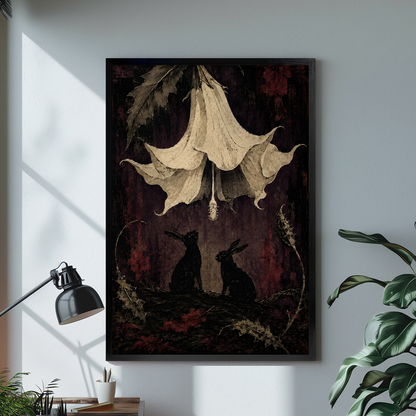 Gothic rabbits and flowers black framed canvas beside a desk lamp and green plant.