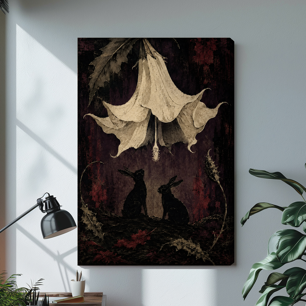 Gothic rabbits and flowers stretched canvas with visible wrapped edge beside a lamp.
