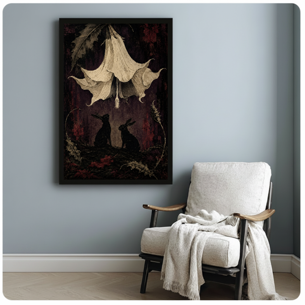 Gothic rabbits and flowers black framed canvas beside a light armchair in a reading corner.