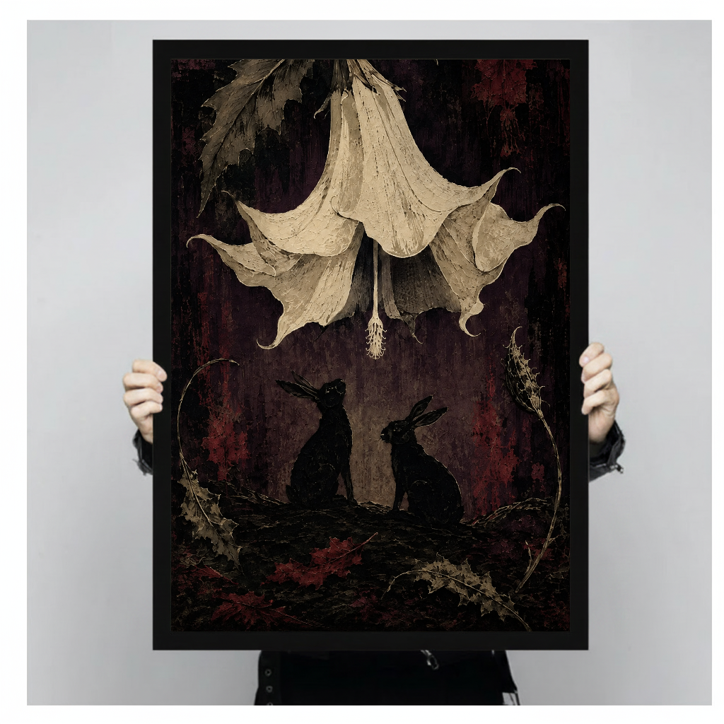 Gothic rabbits and flowers black framed canvas held by a person for a closer view.