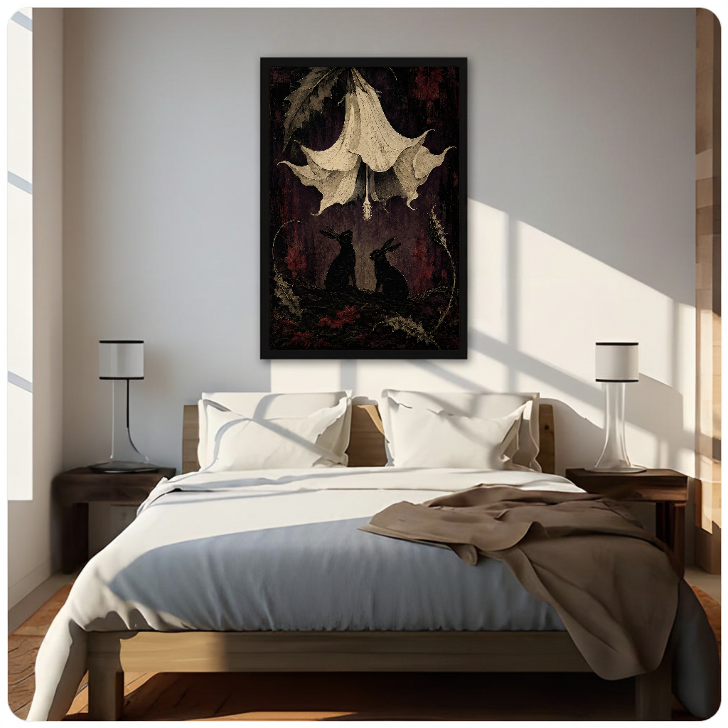 Gothic rabbits and flowers framed canvas displayed above a bed in a neutral bedroom.