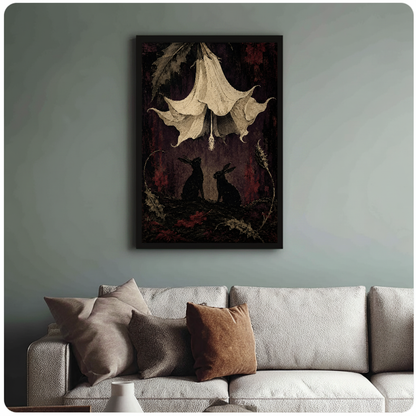 Gothic rabbits and flowers black framed canvas above a light sofa in a living room.