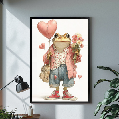 Frog with heart balloons and flowers black framed canvas beside a desk lamp and green plant.