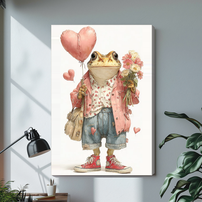 Frog with heart balloons and flowers stretched canvas with visible wrapped edge beside a lamp.
