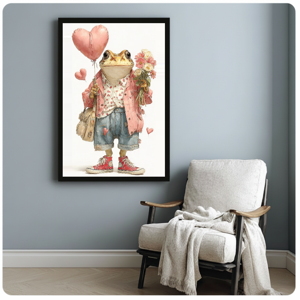 Frog with heart balloons and flowers black framed canvas beside a light armchair in a reading corner.