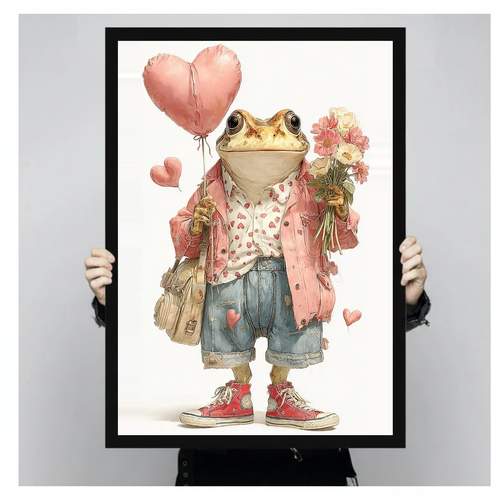 Frog with heart balloons and flowers black framed canvas held by a person for a closer view.